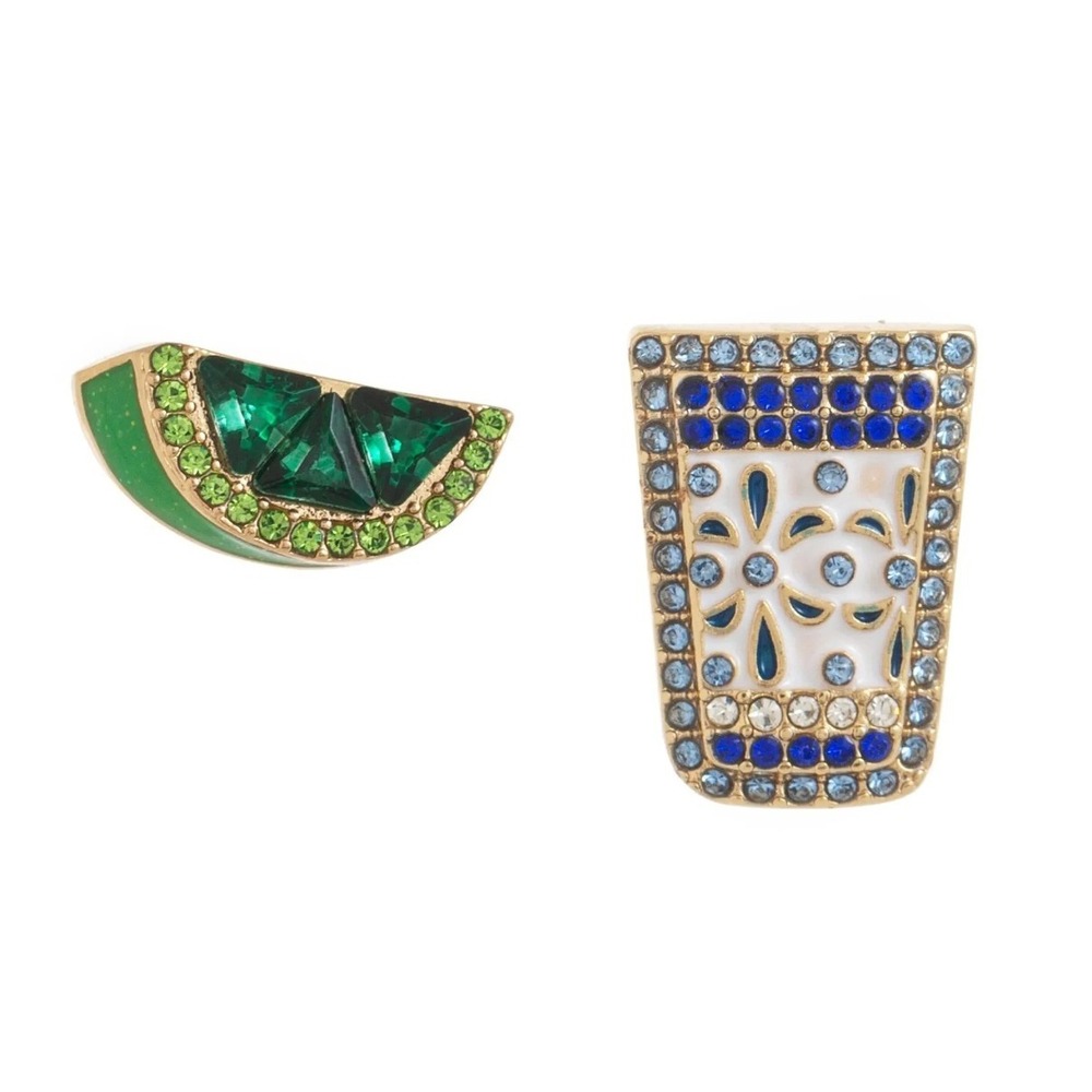 Mismatched Tequila Shot Glass and Lime Wedge Crystal Enamel Stud Earrings Gold